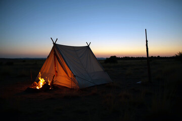 Tent and campfire at dusk in a field