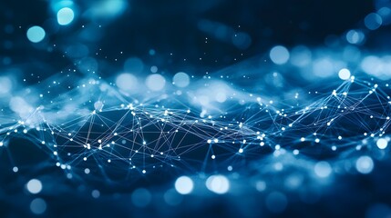 Obraz premium Abstract Blue Network with White Nodes and Bokeh Lights