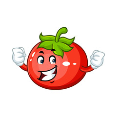 Happy and strong cartoon tomato character with a big smile, perfect for healthy food promotions.