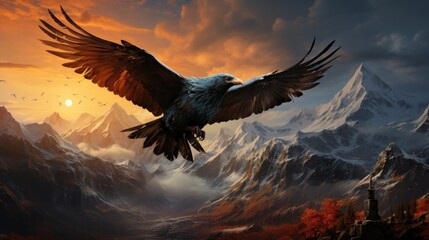 Obraz premium Eagle Soaring Over Majestic Mountains