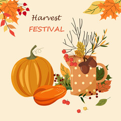 Fall harvest festival flyer template. Pumpkins and jug with herbarium. Autumn leaves and berries. Seasonal banner. Fall farmers market covers. Vector illustration