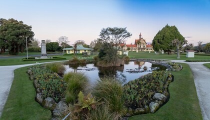 Fototapeta premium The Rotorua Museum, pond and park of the Government Gardens, Rotorua, Bay of Plenty, New Zealand.