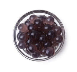 Color tapioca pearls in bowl isolated on white, top view