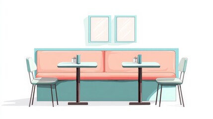 Modern Minimalist 2D Flat Vector Illustration of Corner Booth Diner Seating with Pastel Accents on Transparent Background
