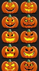 Set of vector Halloween pumpkins with various carved faces Perfect for icons and decorations placed on a dark background (19)