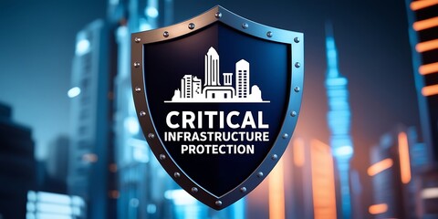 Shield with 'critical infrastructure protection' text in futuristic city, symbolizing cybersecurity and urban safety (20)