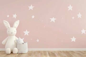 Obraz premium Cute baby room interior with toys on background of wall with copy space. Cozy room for newborn. Interior design, baby room decor