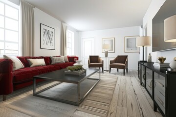 Fototapeta premium A modern living room interior design featuring a red velvet sofa, a coffee table, two armchairs, a rug, and a TV console.