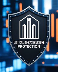 Shield with 'critical infrastructure protection' text in futuristic city, symbolizing cybersecurity and urban safety (20)