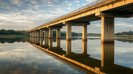 A concrete bridge spans over calm water, creating a mirror-like reflection, with soft sunset lighting and a serene atmosphere in the background.