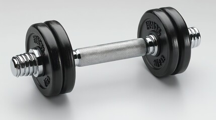 Naklejka premium A black and silver dumbbell on a plain background for fitness use.