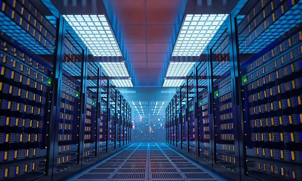 Behind glass panels in a high-tech server room inside a data center, digital information flows through illuminated network cables to reach the data servers. The servers emit a diffused blue light.
