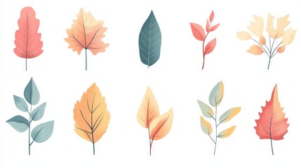 Fototapeta premium Autumn Leaves Collection - Minimalistic 2D Vector Illustration with Soft Pastel Tones on Transparent Background