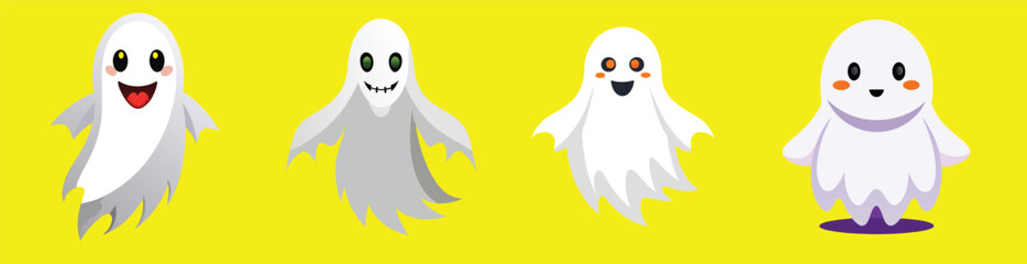 Ghost character. Halloween ghost. Magic scary spirit. Halloween levitating phantom. Cute funny happy spirit icon. Halloween phantom design vector illustration. Halloween Promotion Poster. Flat style