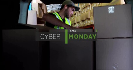 Animation of cyber monday text over caucasian manboxes in warehouse - Powered by Adobe