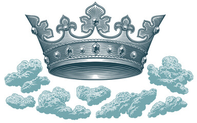 Royal crown and clouds. Design set. Editable hand drawn illustration. Vector vintage engraving. Isolated on white background. 8 EPS