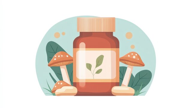 recommend clip art: Simple 2D flat design of a supplement tincture bottle with mushrooms on a transparent background, featuring minimal detail and basic shapes, with a pastel color scheme