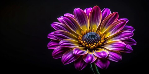 Obraz premium Vibrant Purple and Yellow Flower on a Mysterious Black Background for Creative Designs