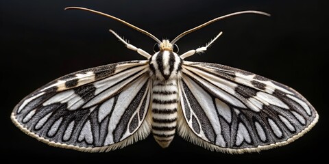 Monochrome moth with elongated antennae and bicolor wing pattern in detailed close-up