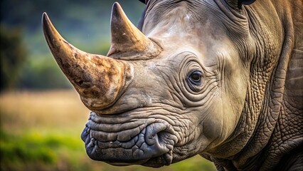 Fototapeta premium Close-up image of a rhino with tusks protruding, dangerous wildlife photography