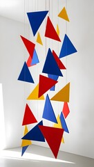 Colorful triangular mobiles suspended in a modern art gallery, creating a dynamic interplay of shapes and shadows in bright hues. Generative AI