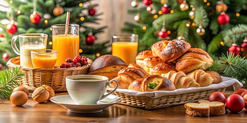 Christmas morning breakfast table with bread buns, croissants, coffee and juice for holiday celebration