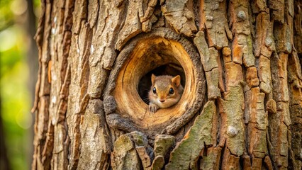 Close-up shot of tree trunk with tiny creature peeking through hole in bark