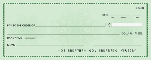 Blank bank check, checkbook cheque template or money payment paper voucher, vector mockup. Business or personal account cash pay cheque certificate or paycheck coupon from checkbook