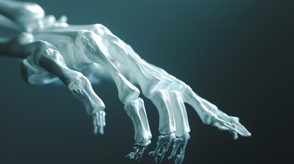 Obraz premium Ethereal and captivating x ray image of a human hand showcasing the intricate skeletal structure in a minimalist futuristic and cyberpunk inspired aesthetic The translucent