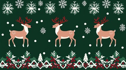 Fototapeta premium Festive Green Christmas Sweater Pattern with Reindeer and Snowflakes