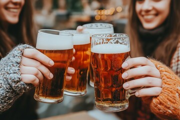 Friends in cozy attire enjoy beers together at a local restaurant during autumn after a long workday