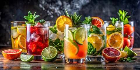 Vibrant assortment of colorful glasses with assorted beverages and citrus garnishes