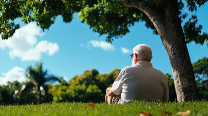 An elderly man sits peacefully under a tree on a sunny day, enjoying the shade and beauty of nature in a green outdoor space..