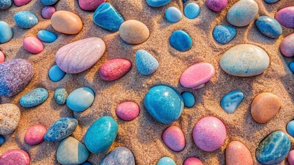 Pastel Pink and Blue Rock Pebbles on Sandy Beach with Beautiful Textures and Patterns