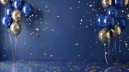 Gold and blue balloon background with copy space – perfect for festive celebrations and party decor