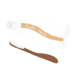 A brown-handled toothbrush and a white toothpaste tube
