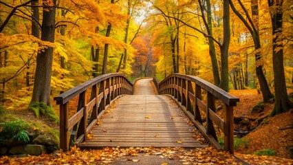 Scenic wooden bridge over stream in autumn forest with yellow leaves and trees
