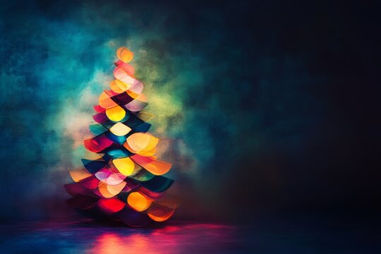A vibrant abstract Christmas tree decorated with colorful lights against a dark background, ideal for festive themes and designs