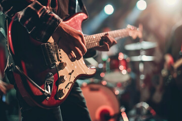 Obraz premium Guitarist Performing on Stage with Spotlight and Space for Text