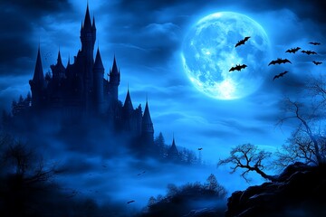 Fototapeta premium Vampire castle, looming over a dark, misty forest, with bats circling and the full moon casting eerie shadows