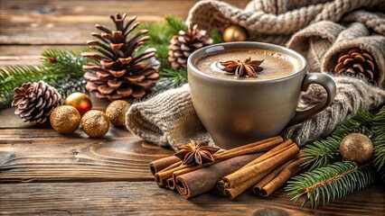 Cozy Winter Beverage Scene with Hot Chocolate, Cinnamon, Pinecones, and Ornaments