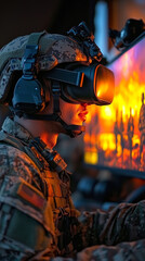 Naklejka premium A soldier in camouflage gear wears a VR headset, focused on a virtual simulation.
