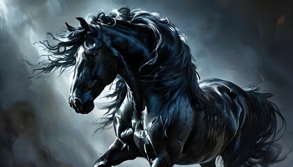 Ethereal black stallion exuding power and elegance in dramatic lighting within a mystical landscape