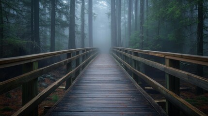 A wooden bridge leading into a misty forest.