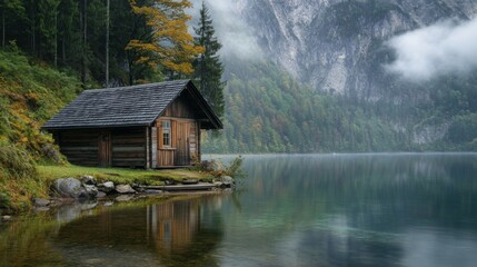 Fototapeta premium A wooden cabin on the edge of a serene lake, surrounded by mist and mountains.