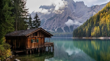 Fototapeta premium A wooden cabin sits on a pier extending out into a still lake, surrounded by trees and with snow-capped mountains in the background.