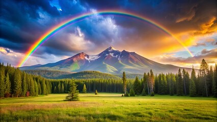 Obraz premium Colorful Rainbow over Majestic Mountain Range and Verdant Fields with Tall Trees