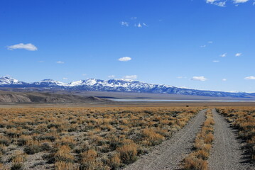 Dirt road leading through the desert valley with beautiful snow capped mountains in the distance