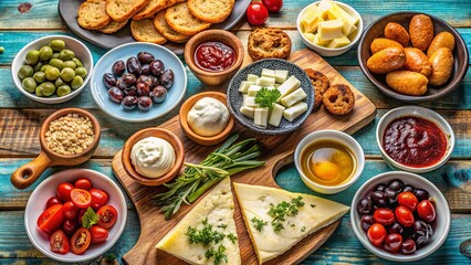Traditional Turkish breakfast spread with assortment of spreads, cheeses, olives, and bread