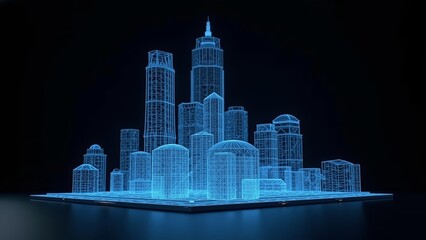 hologram background of city buildings with neon blue stripes